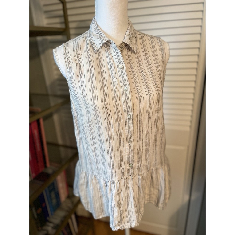 Tahari 100% Linen Striped Peplum Sleeveless Tank Blouse Size L